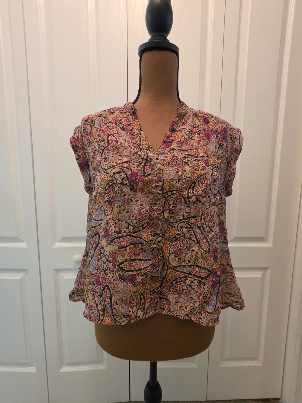Vtg 90s Y2k dELiA*s Burgandy & Brown Paisley V-Neck Sheer Cap Sleeve Blouse
